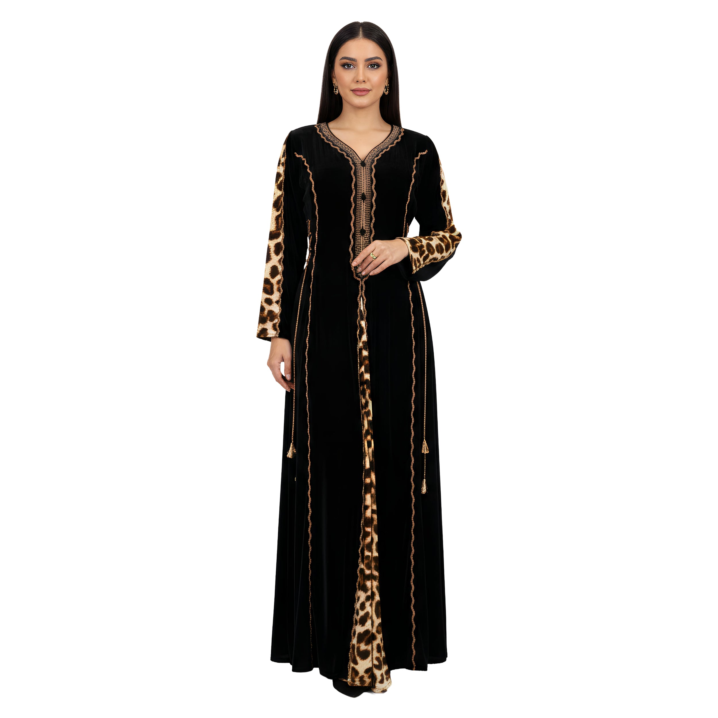 Velvet Kaftan Abaya with Baby Silk Armani Panels & Handwork Embroidery – Armaz Fashion