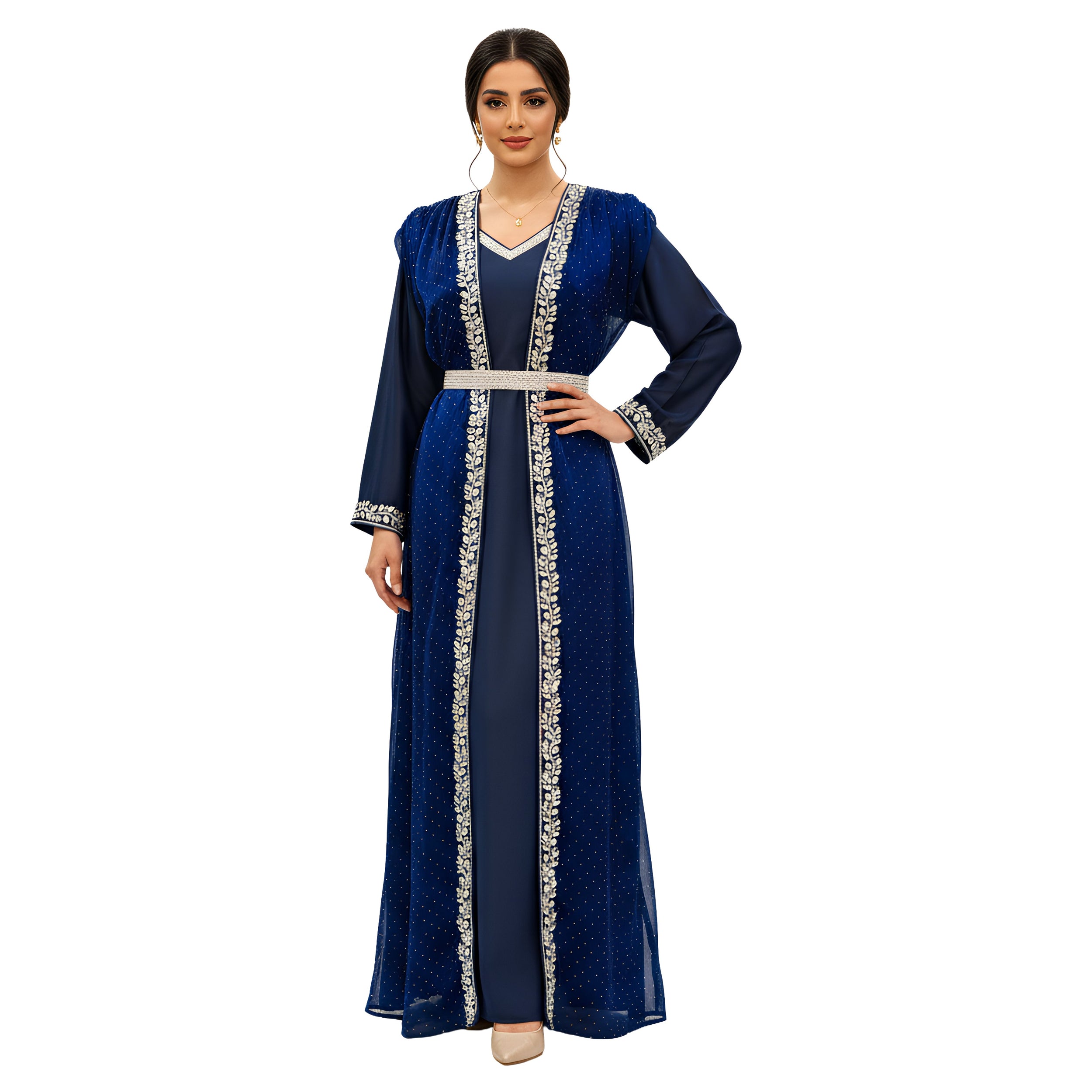 Royal Blue Hand-Embroidered Kaftan Abaya | Satin & Organza
