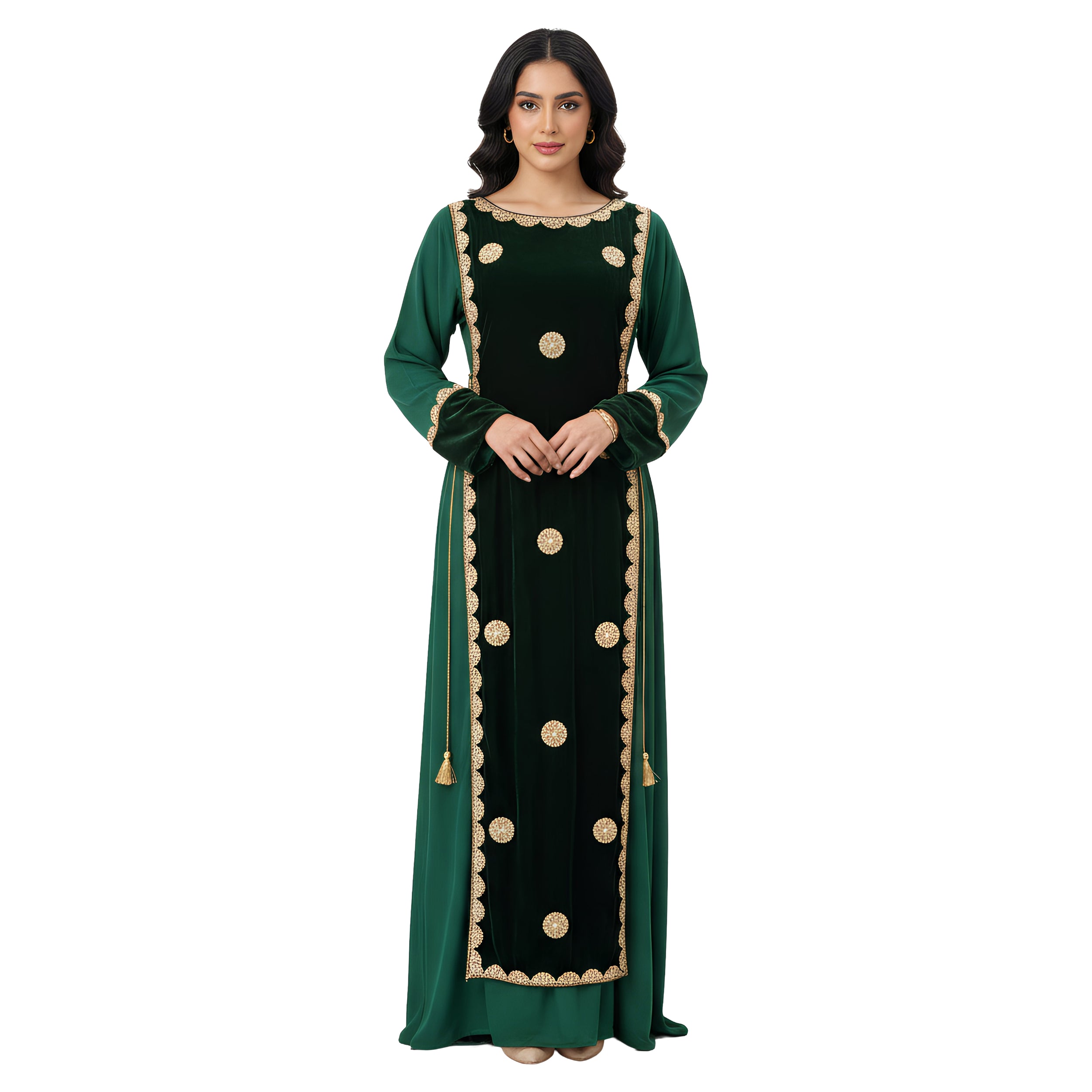 Green & Dark Emerald Velvet Kaftan Abaya with Satin Armani Inner & Handwork Embroidery – Armaz Fashion
