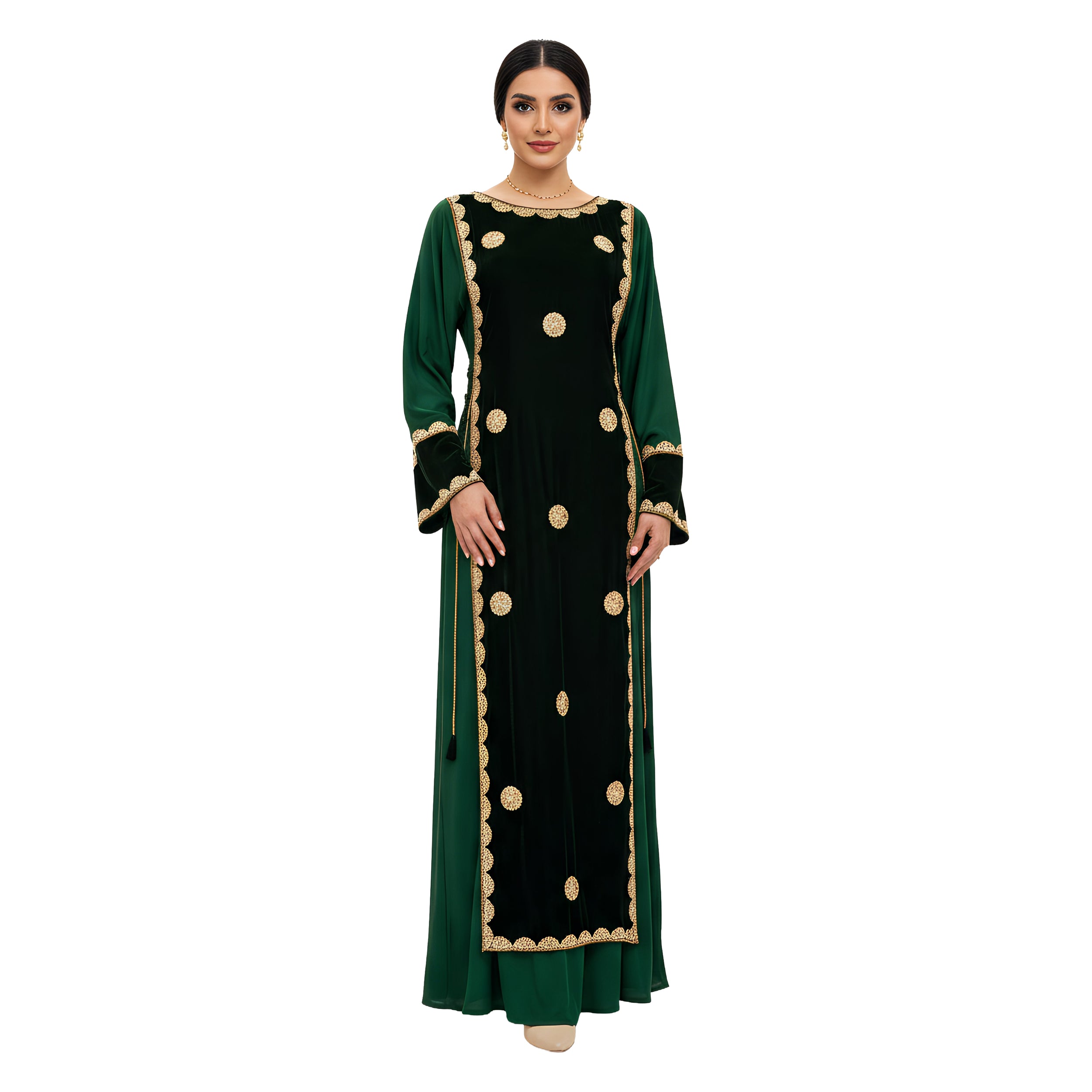 Green & Dark Emerald Velvet Kaftan Abaya with Satin Armani Inner & Handwork Embroidery – Armaz Fashion
