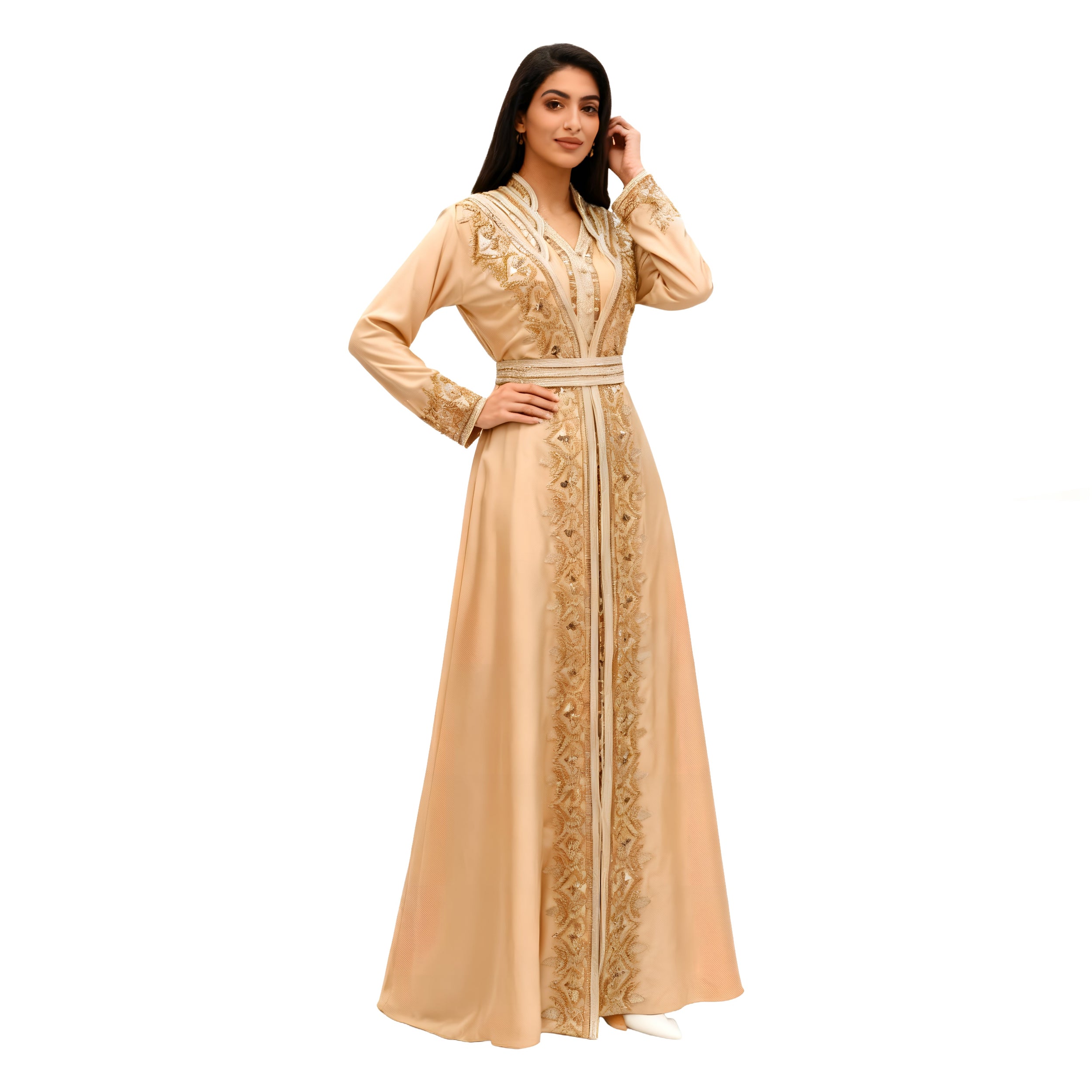 Beige Satin Armani Kaftan Abaya with Full Handwork Embroidery & Belt – Armaz Fashion