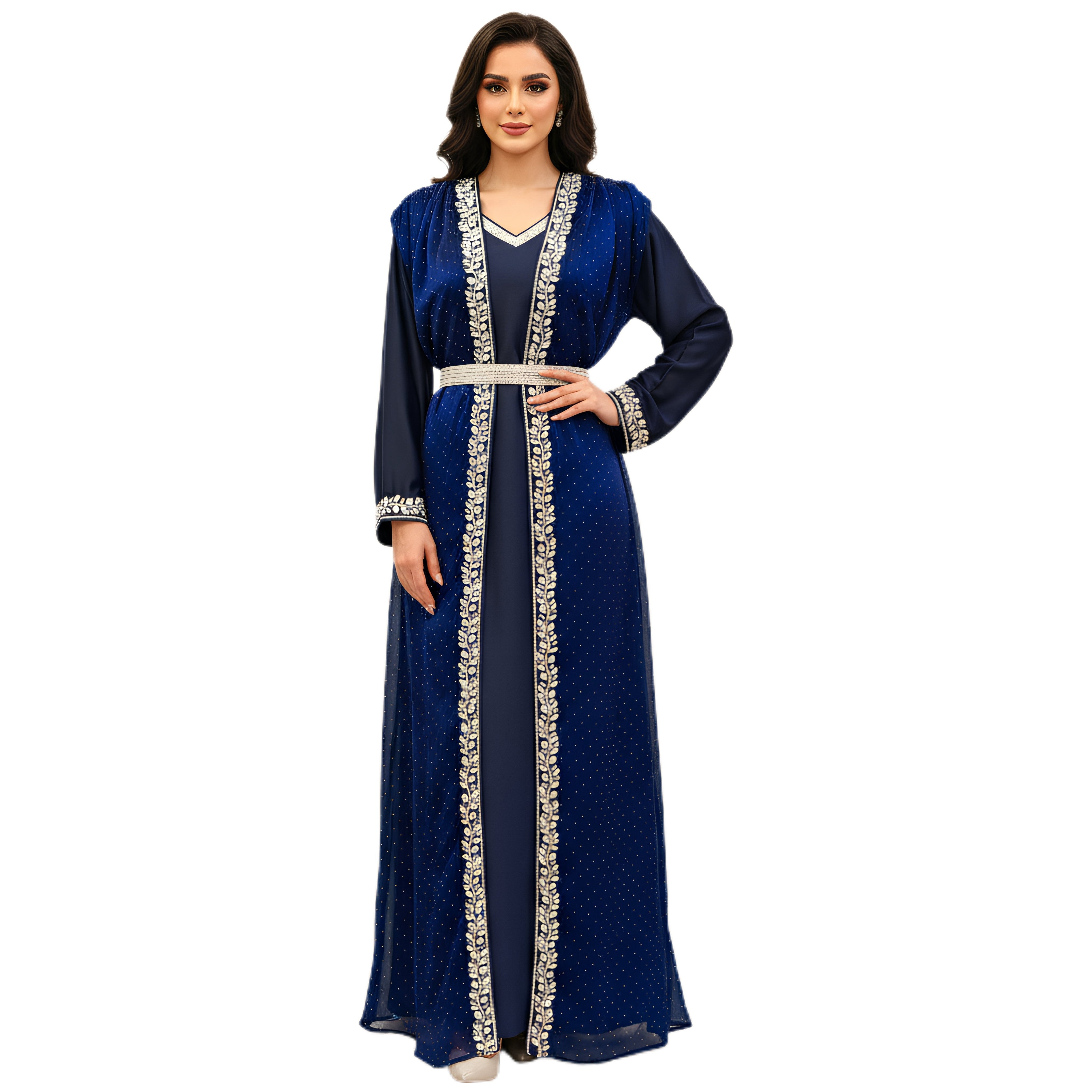 Royal Blue Hand-Embroidered Kaftan Abaya | Satin & Organza